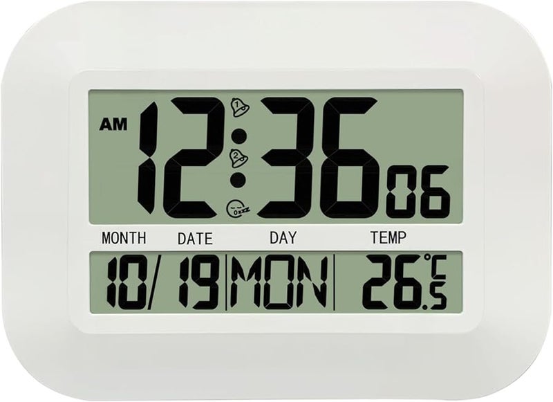 Digital Wall Clock with LCD Display Time Temperature Date Alarm White - Image 1